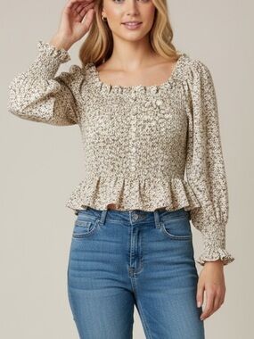 Papermoon Floral Smocked Peplum Blouse L Cottagecore Square Neck Puff Sleeve
